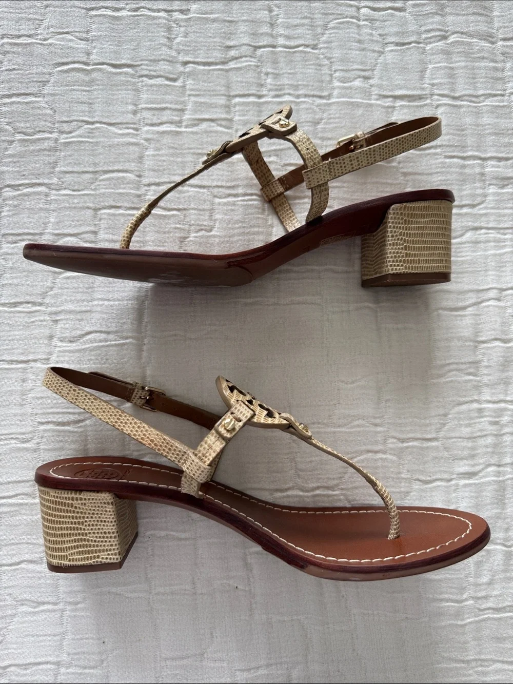 Tory Burch Mini Miller 45MM Stacked Heel Sandal - Micro Tejus Print, Size 8.5